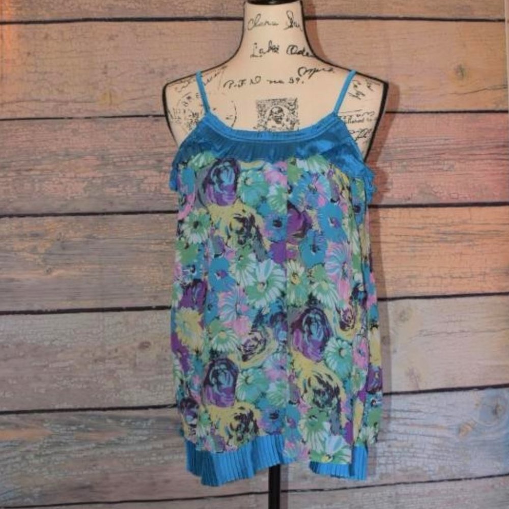 Dressy Spaghetti Strap Tank Top Fringe Colorful Blue Floral Lined M
